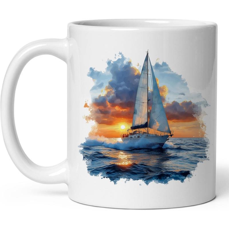 Tailorly White Ceramic 11 oz Mug - Majestic Sailing Boat Gliding Through Deep Blue Ocean Waves Under Sunset Sailboat