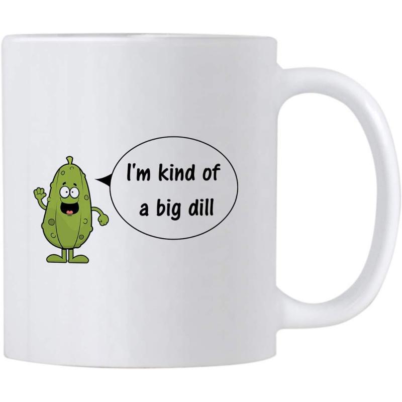Tailorly White Ceramic 11 oz Mug - Im Kind Of A Big Dill Funny Smiling Cartoon Vegetable With Waving Arms And Happy Expression Pickle