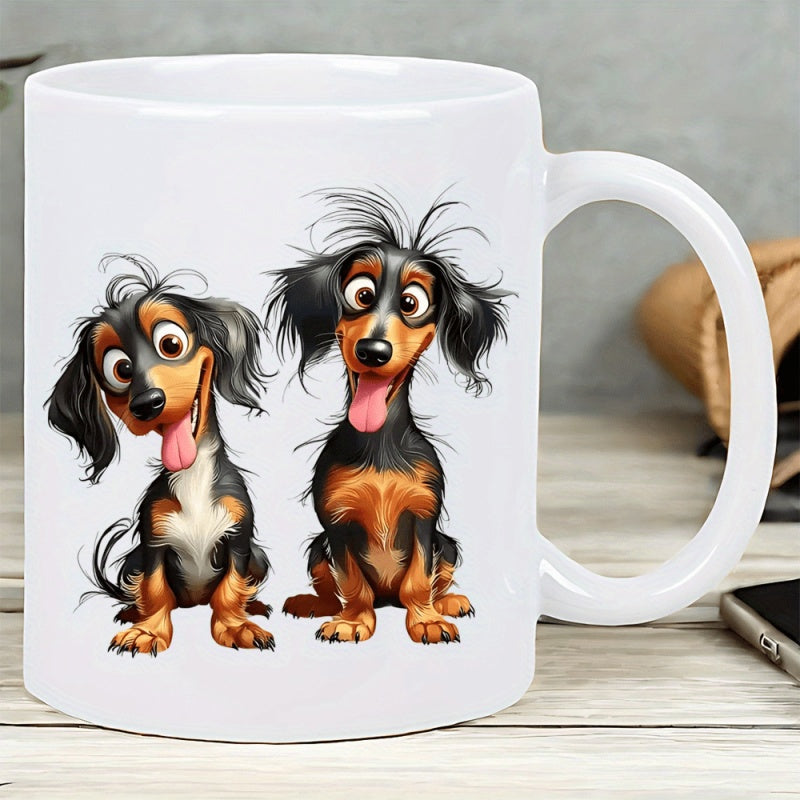 Tailorly White Ceramic 11 oz Mug - Two Cute Cartoon Puppies With Messy Fur Sitting Together Happy Dachshund