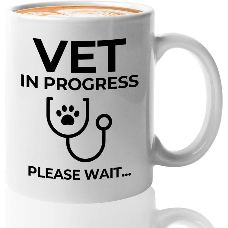 Tailorly White Ceramic 11 oz Mug - Vet In Progress Please Wait Minimalist Line Art Stethoscope Featuring A Small Pet Paw Symbol Stethoscope