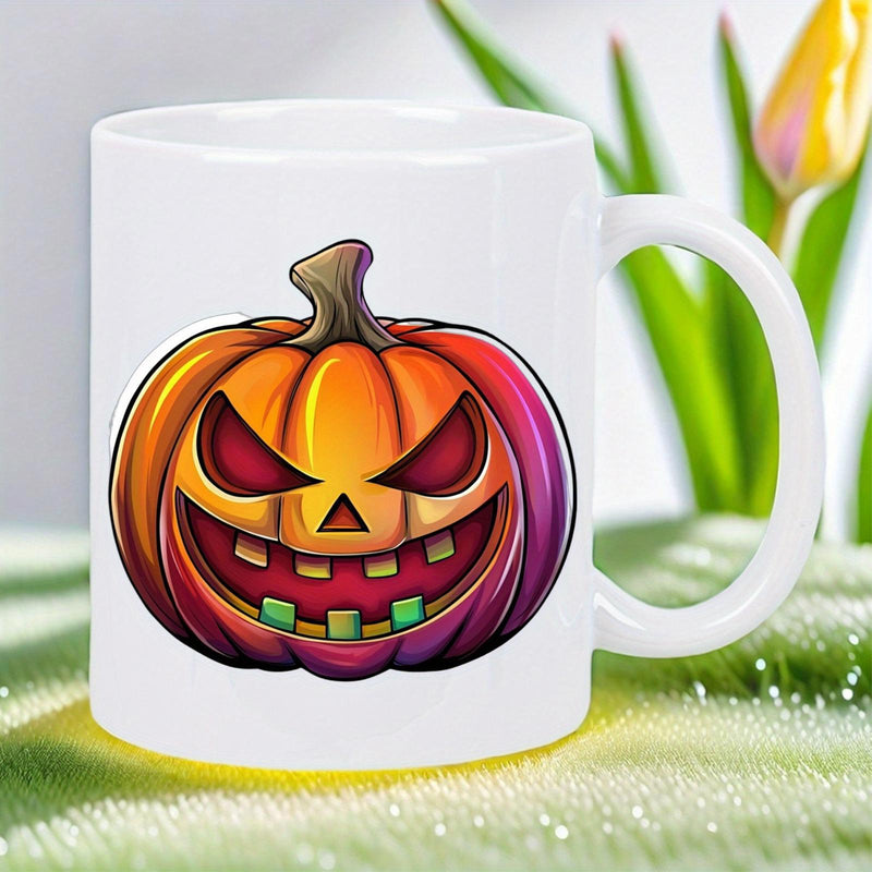 Tailorly White Ceramic 11 oz Mug - Spooky Carved Jack O Lantern With Vibrant Gradient Colors For Halloween Pumpkin