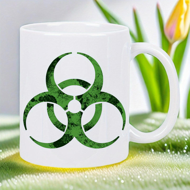 Tailorly White Ceramic 11 oz Mug - Green Camouflage Pattern Featuring Industrial Safety Warning Biological Warning Biohazard Symbol