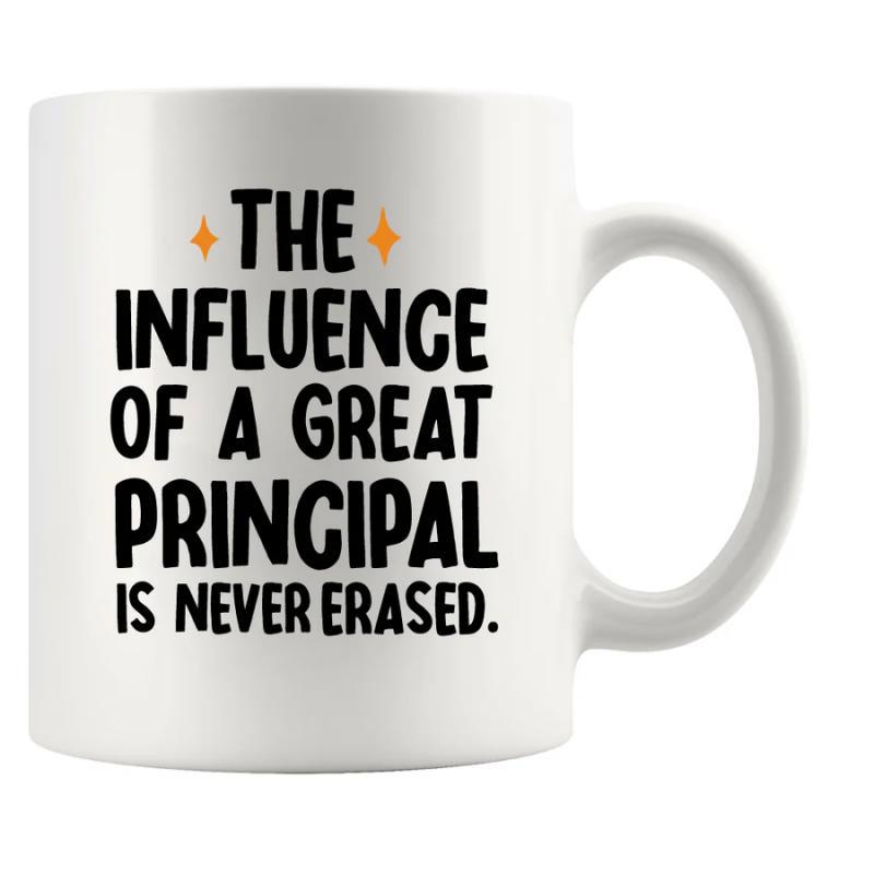 Tailorly White Ceramic 11 oz Mug - The Influence Of A Great Principal Is Never Erased Simple Minimalist Design With Two Orange Sparkle Stars And Bold Lettering Mug