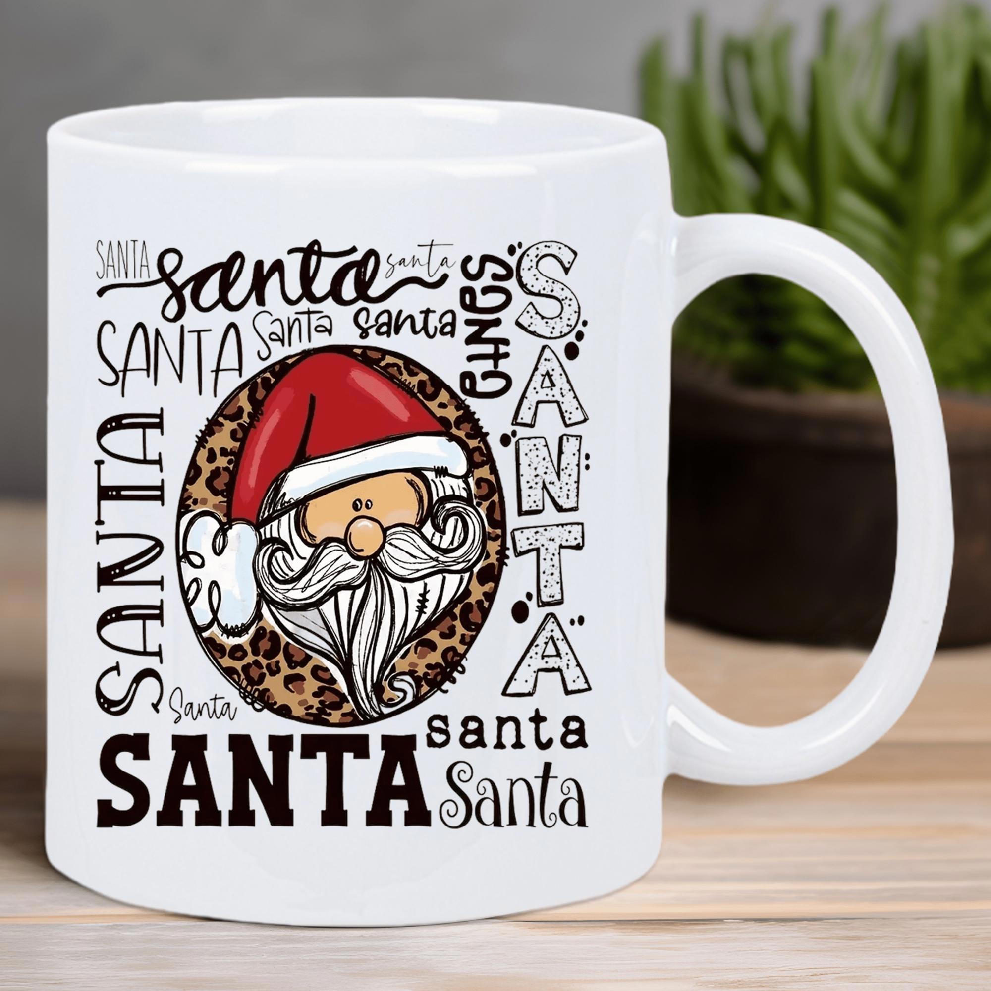 Tailorly White Ceramic 11 oz Mug - Santa Festive Christmas Illustration Featuring Leopard Pattern Background Behind A Classic Santa