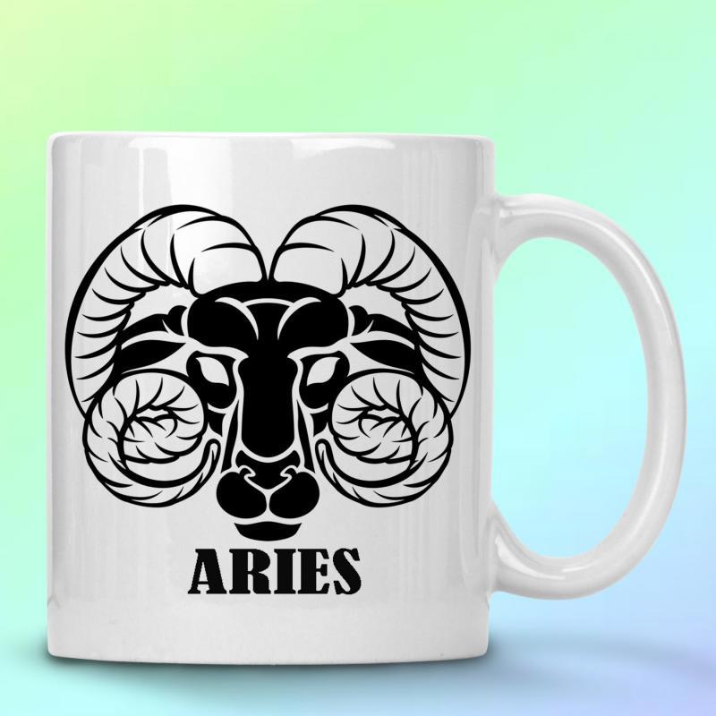 Tailorly White Ceramic 11 oz Mug - Aries Bold Black Silhouette Pattern Featuring Large Curved Spiraling Horns Zodiac Ram