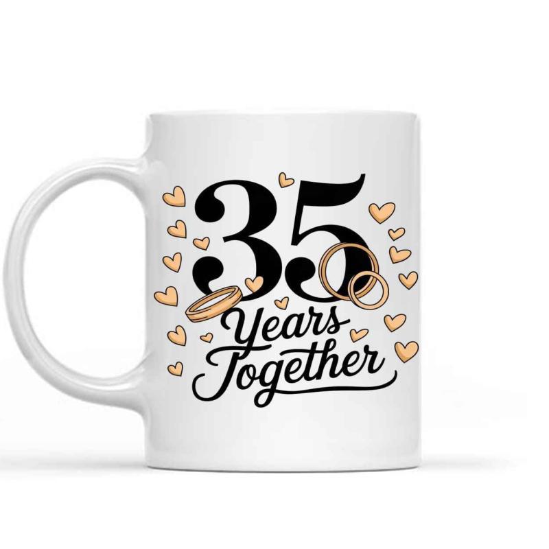 Tailorly White Ceramic 11 oz Mug - Years Together Number Thirty Five With Interlocking Rings And Floating Small Heart Shapes Mug