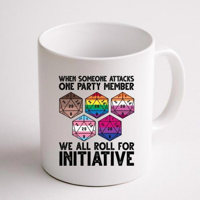 Tailorly White Ceramic 11 oz Mug - When Someone Attacks One Party Member We All Roll For Initiative Colorful Pride Flag Patterns On Multiple Geometric Gaming Dice