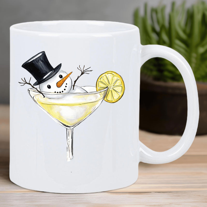 Tailorly White Ceramic 11 oz Mug - Whimsical Little Winter Character In A Martini Glass With Lemon Snowman