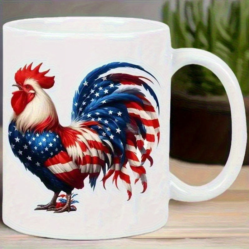 Tailorly White Ceramic 11 oz Mug - Patriotic American Flag Patterned Feathers Standing Proudly Rooster