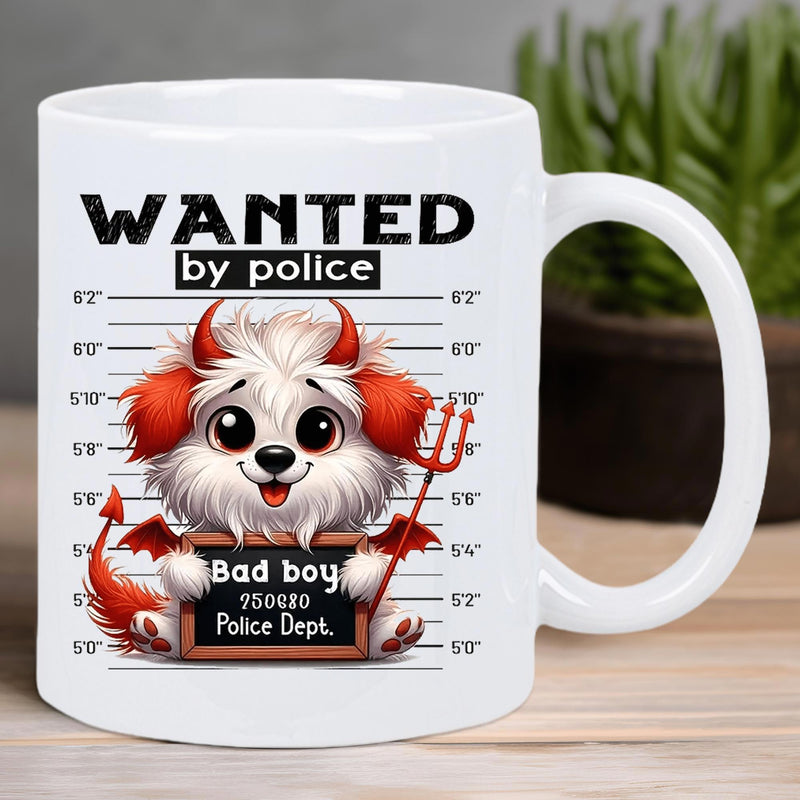 Tailorly White Ceramic 11 oz Mug - Wanted By Police Bad Boy Police Dept Fluffy White Puppy With Red Devil Horns Posing For Mugshot Dog