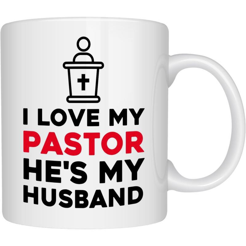 Tailorly White Ceramic 11 oz Mug - I Love My Pastor He Is My Husband Minimalist Black Icon Depicting A Religious Speaker Standing At A Cross Podium Mug