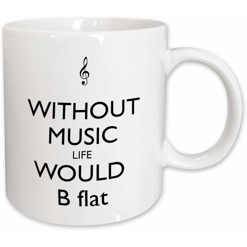 Tailorly White Ceramic 11 oz Mug - Without Music Life Would B Flat Elegant Black Musical Treble Clef Symbol Placed Above Meaningful Minimalist Quote Treble Clef