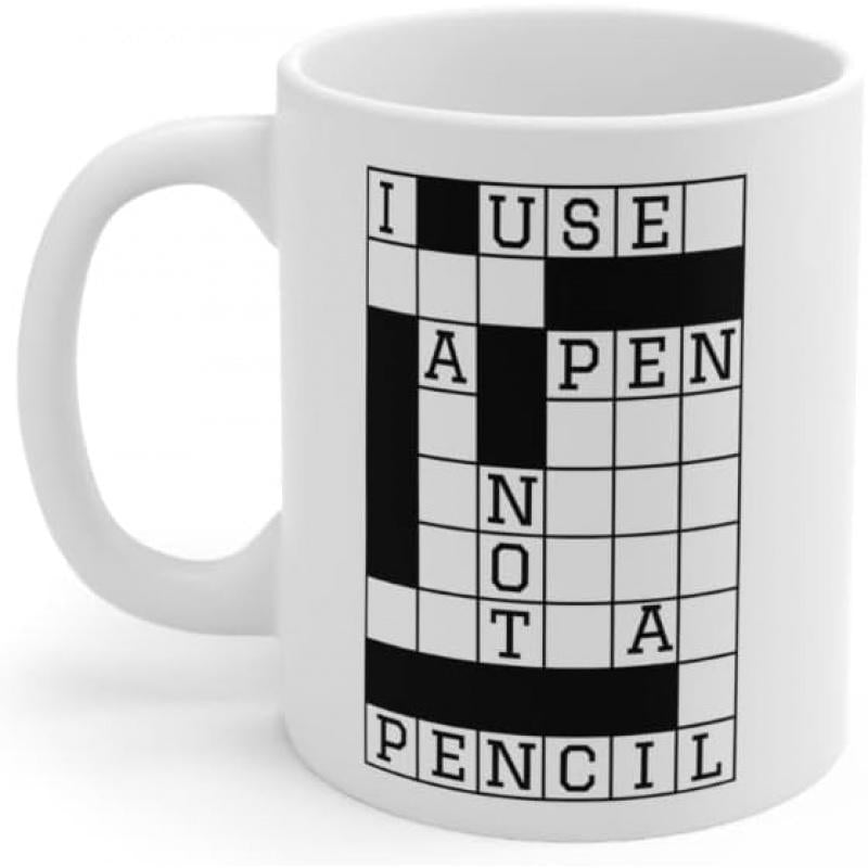 Tailorly White Ceramic 11 oz Mug - I Use A Pen Not A Pencil Classic Black And White Crossword Puzzle Pattern Mug