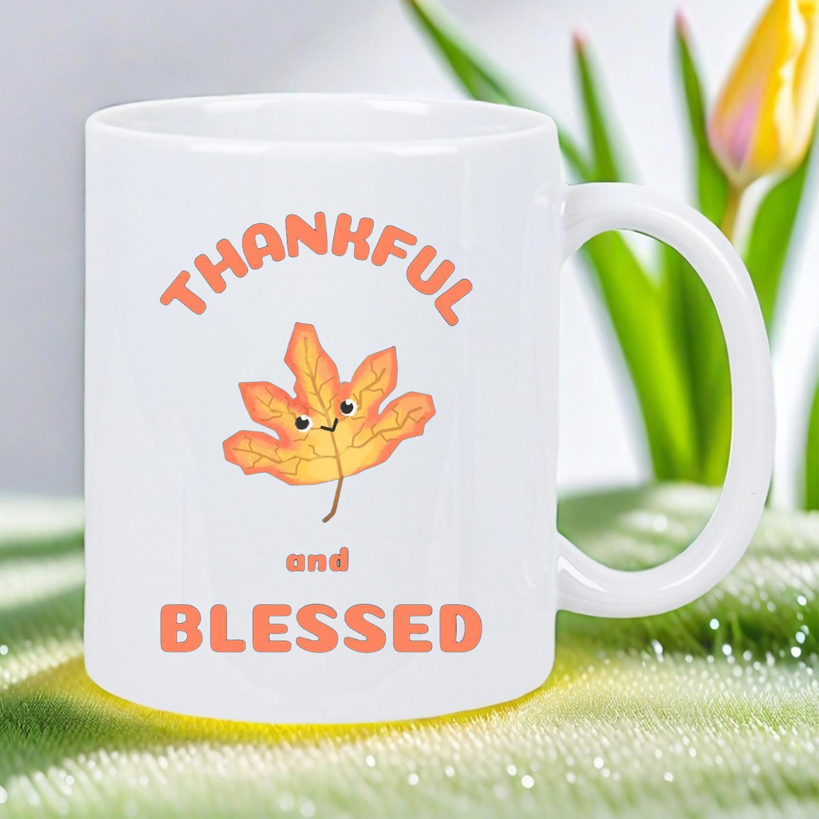 Tailorly White Ceramic 11 oz Mug - Thankful And Blessed Smiling Cartoon Maple Leaf Featuring Vibrant Autumn Colors And Cute Expression Leaf