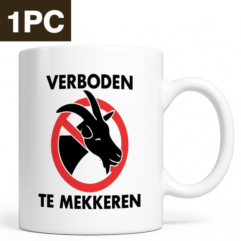 Tailorly White Ceramic 11 oz Mug - Minimalist Red Prohibition Sign With Black Farm Animal Silhouette Profile Goat