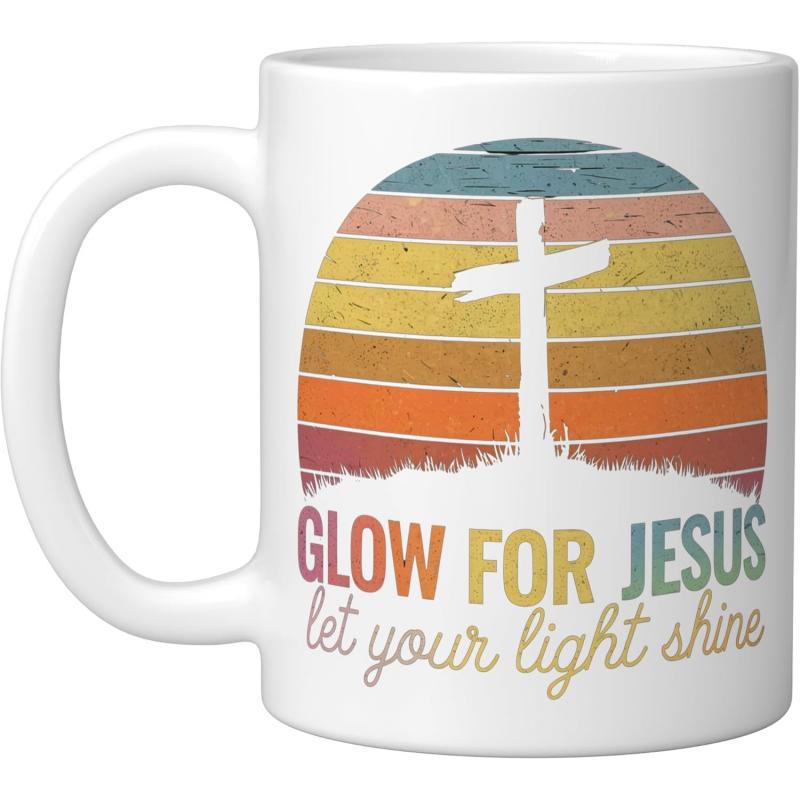 Tailorly White Ceramic 11 oz Mug - Glow For Jesus Let Your Light Shine Retro Sunset With Colorful Horizontal Stripes Over A Grassy Silhouette Cross