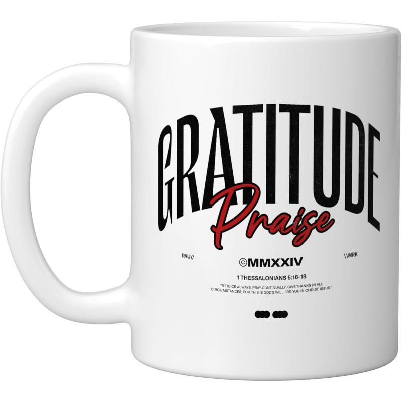 Tailorly White Ceramic 11 oz Mug - Gratitude Praise Clean Arched Bold Serif Lettering With Flowing Red Script Mug