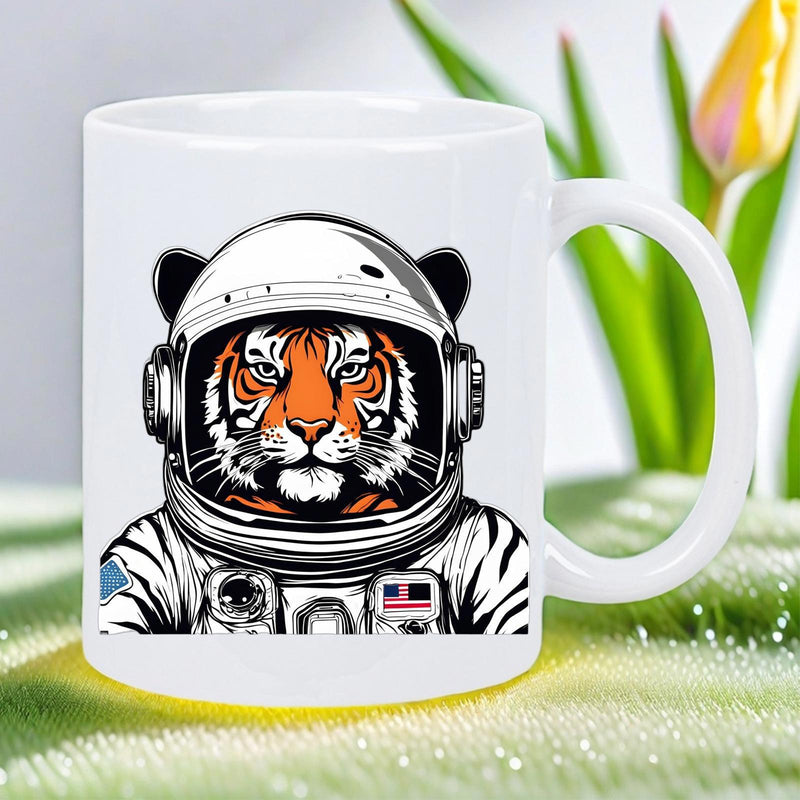 Tailorly White Ceramic 11 oz Mug - Detailed Illustration Of Majestic Orange Tiger Wearing Professional Space Suit Astronaut Helmet Tiger