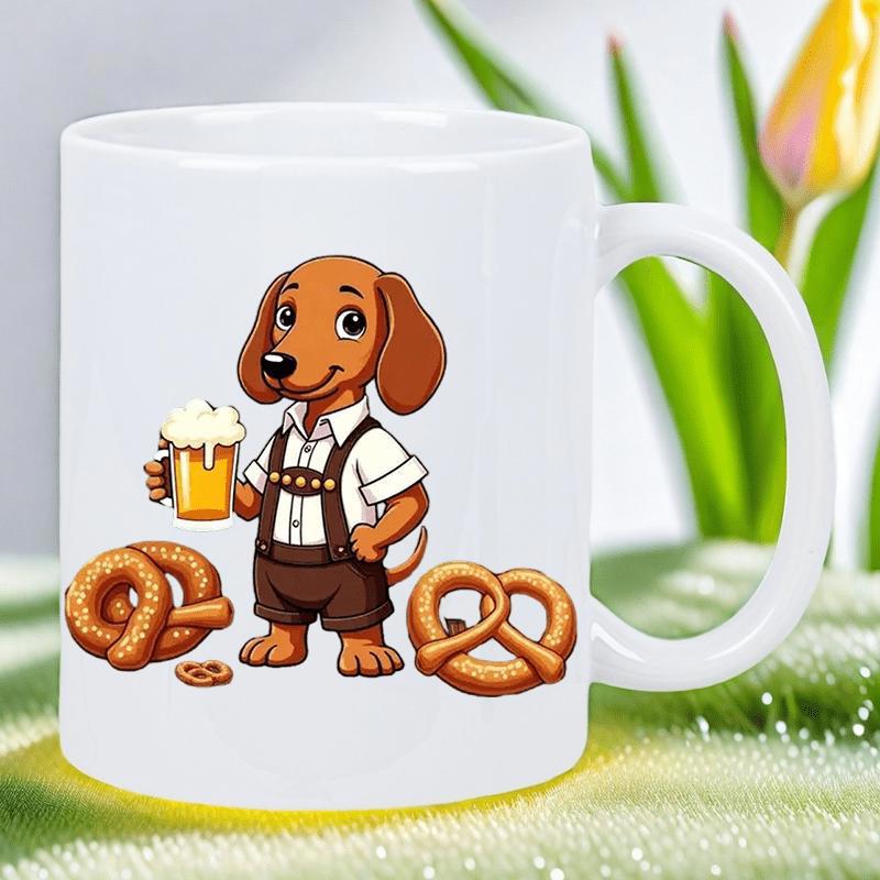 Tailorly White Ceramic 11 oz Mug - Cute Cartoon Bavarian Style Wearing Traditional Lederhosen Holding Foamy Beer Dog