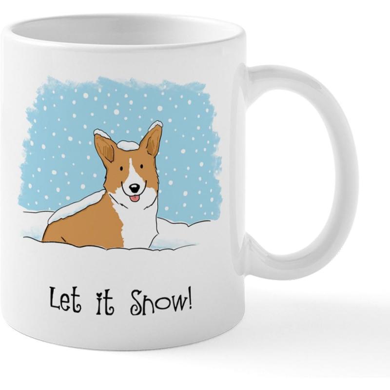 Tailorly White Ceramic 11 oz Mug - Let It Snow Adorable Orange Dog Sitting Among Falling Snow Under Clear Winter Sky Corgi