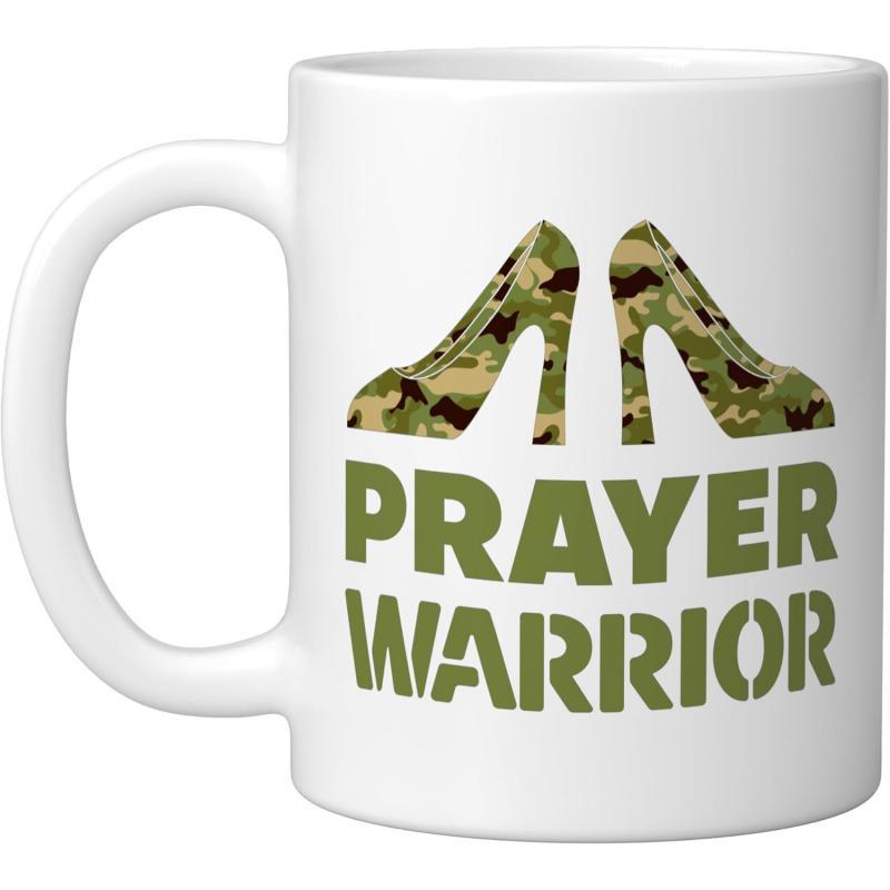 Tailorly White Ceramic 11 oz Mug - Prayer Warrior Detailed Camouflage Silhouette Featuring Military Stencil Style Aesthetic Fashion High Heels