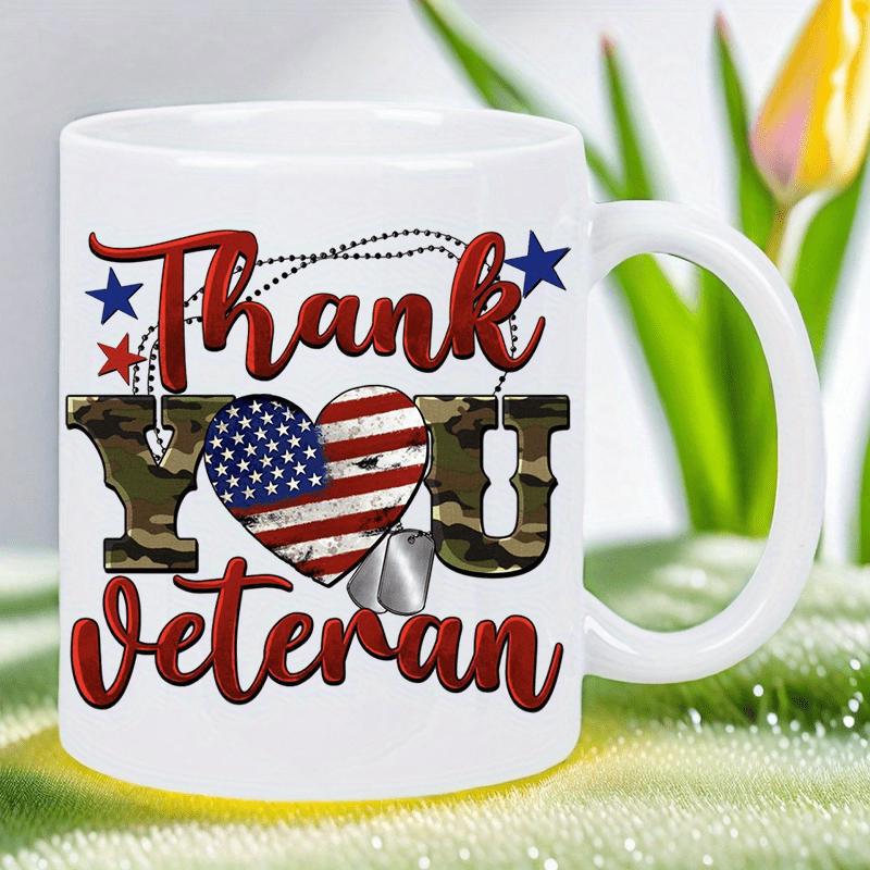 Tailorly White Ceramic 11 oz Mug - Thank You Veteran Patriotic American Flag Heart With Camouflage And Military Tags Heart