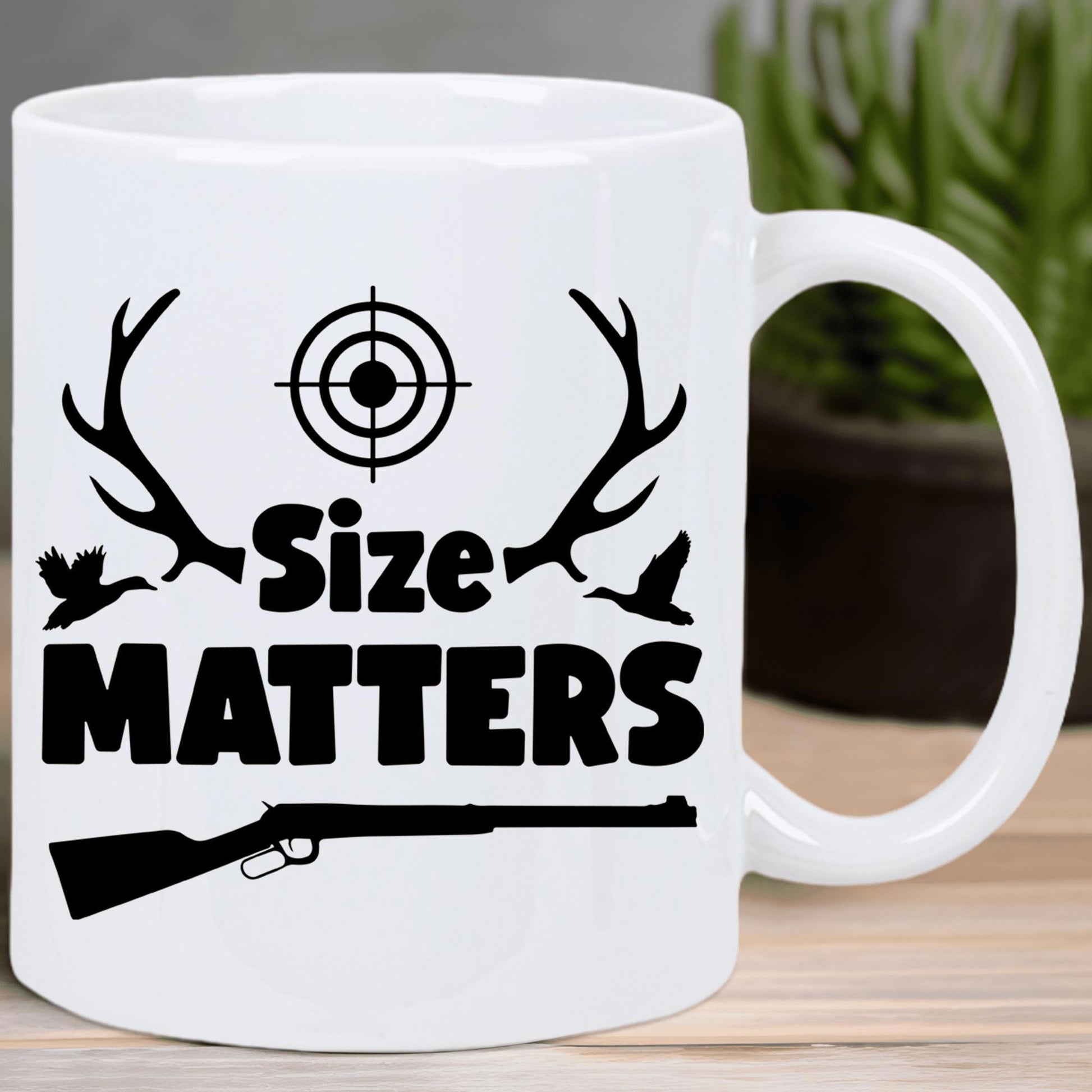 Tailorly White Ceramic 11 oz Mug - Size Matters Silhouette Hunting Elements Featuring Antlers Target Ducks And A Vintage Style Rifle