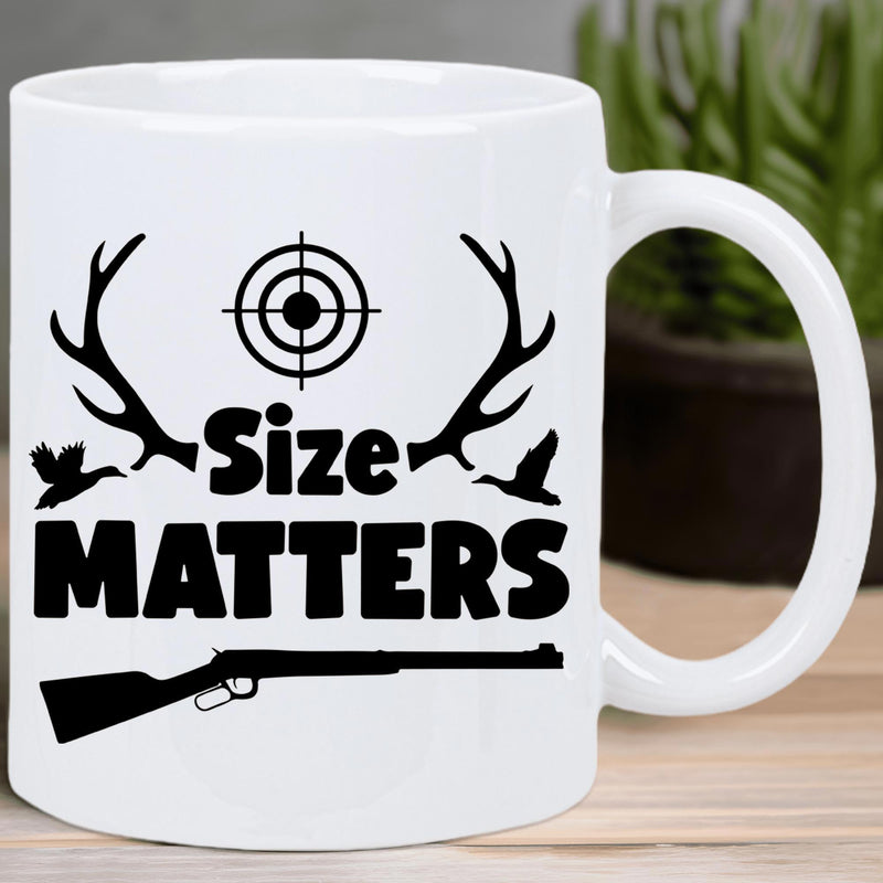Tailorly White Ceramic 11 oz Mug - Size Matters Silhouette Hunting Elements Featuring Antlers Target Ducks And A Vintage Style Rifle