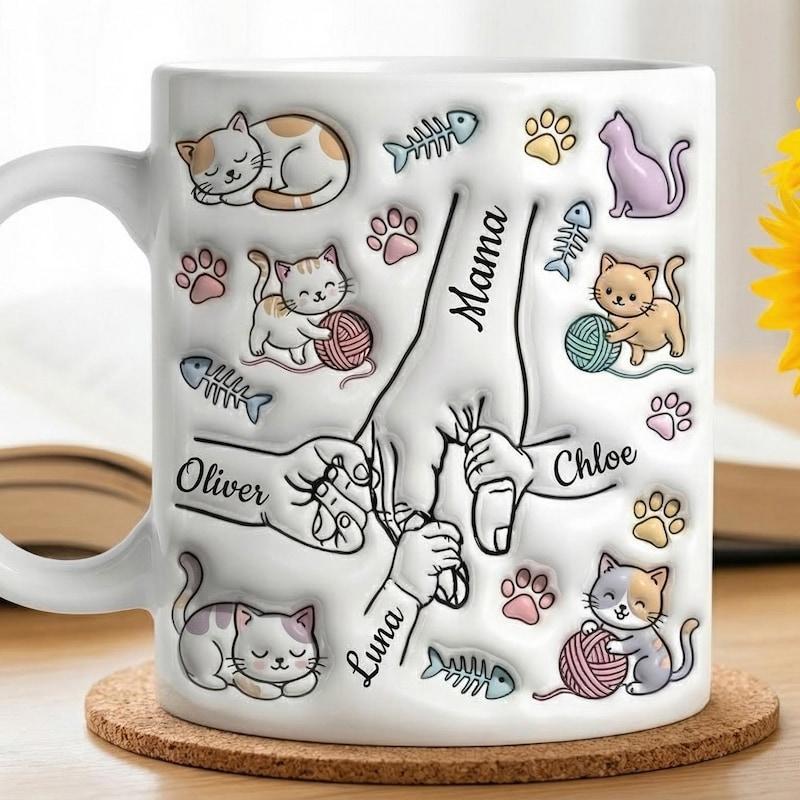 Tailorly White Ceramic 11 oz Mug - Mama Oliver Chloe Luna Playful Cartoon Kittens With Family Hands Holding Together And Tiny Paw Prints Cat