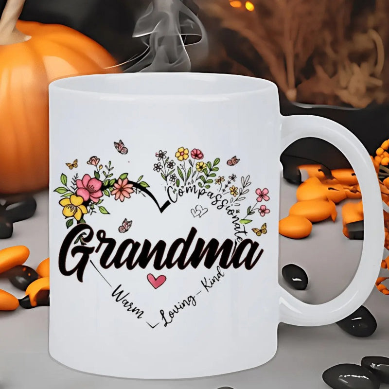 Tailorly White Ceramic 11 oz Mug - Grandma Compassionate Warm Loving Kind Delicate Wildflowers Blooming Beautifully Within A Vibrant Floral Heart