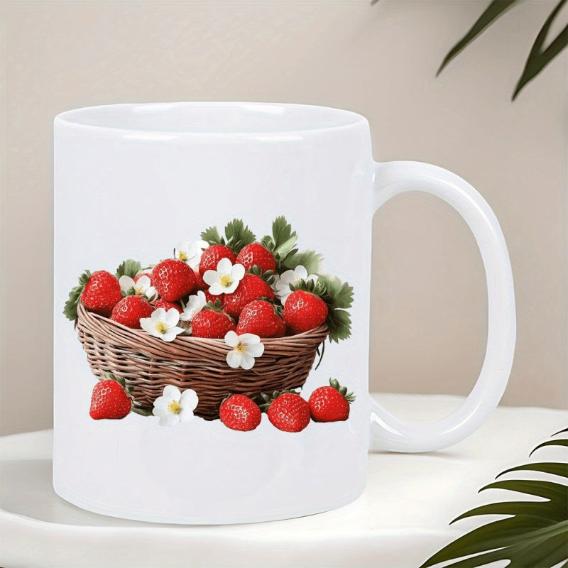 Tailorly White Ceramic 11 oz Mug - Fresh Red Ripe Strawberries With Delicate White Blossoms In A Woven Basket Strawberry