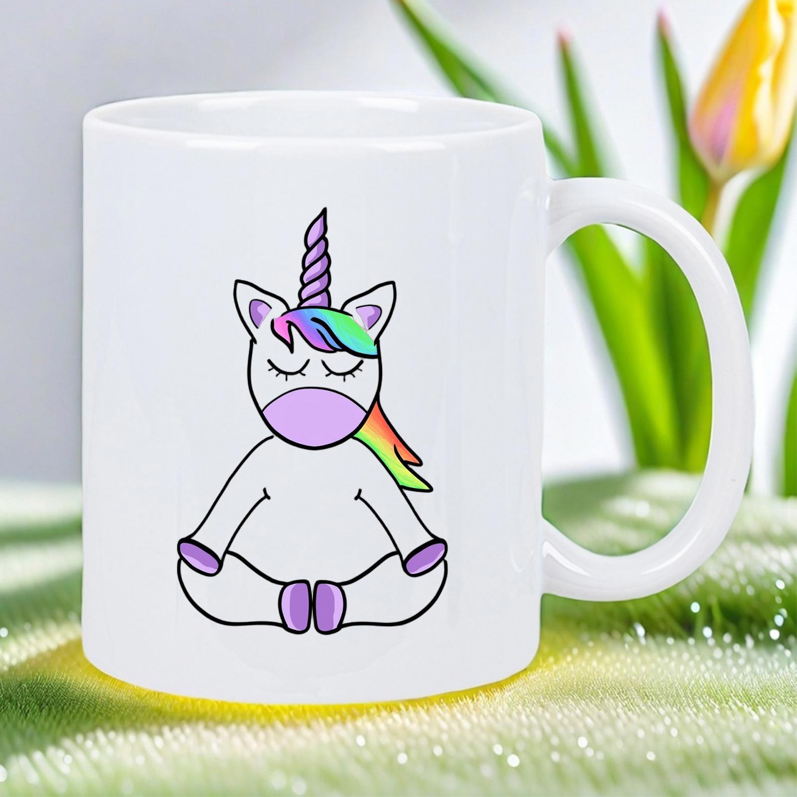 Tailorly White Ceramic 11 oz Mug - Peaceful Mythical Creature Sitting In A Meditative Zen Yoga Pose With Colorful Mane Unicorn