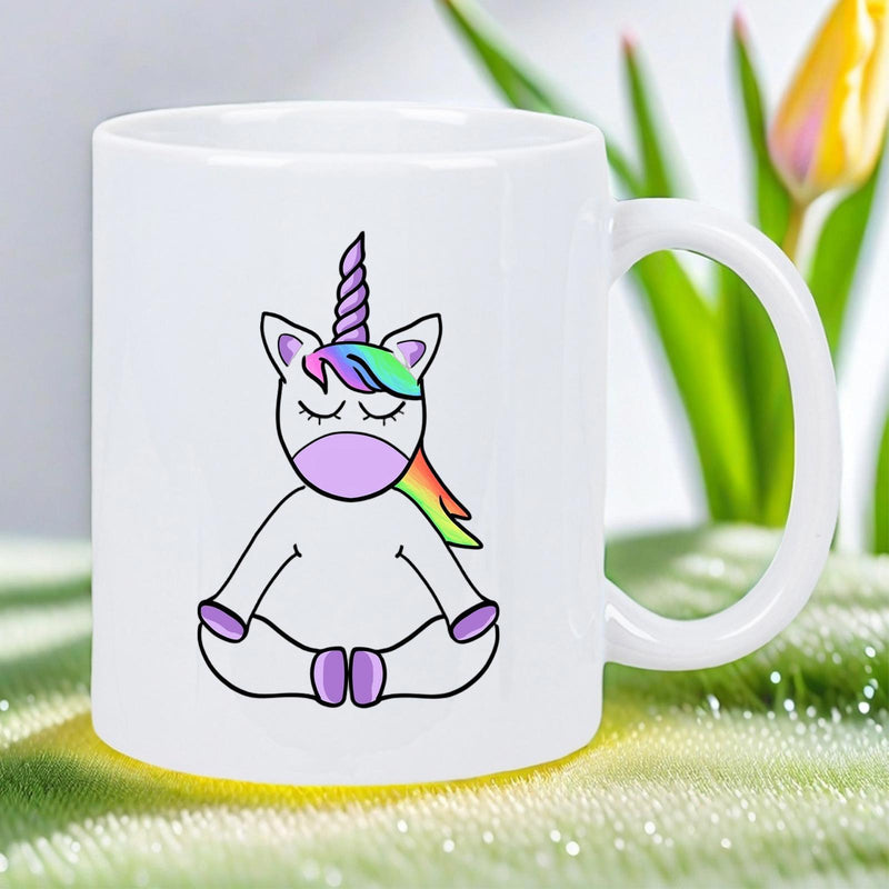 Tailorly White Ceramic 11 oz Mug - Peaceful Mythical Creature Sitting In A Meditative Zen Yoga Pose With Colorful Mane Unicorn