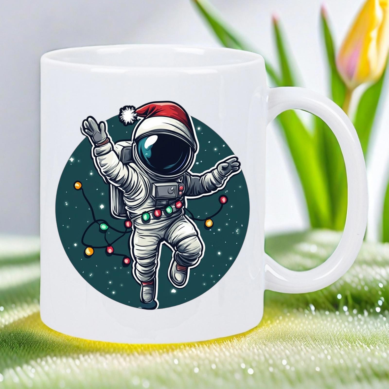 Tailorly White Ceramic 11 oz Mug - Festive Galactic Traveler Wearing Christmas Hat Floating Among Stars Astronaut