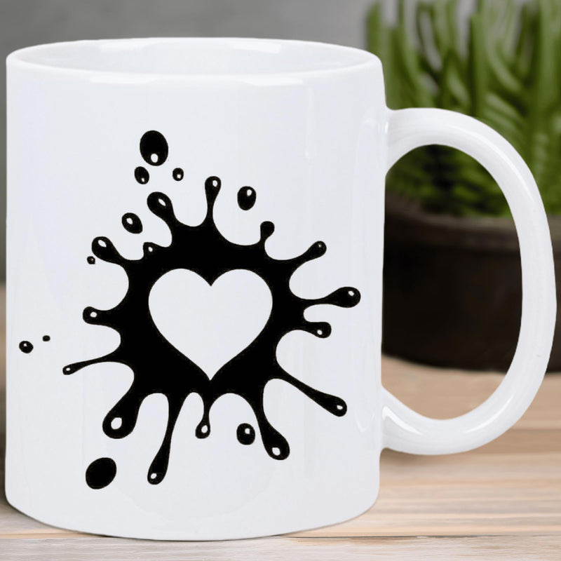 Tailorly White Ceramic 11 oz Mug - Abstract Artistic Black Ink Splatter Creating A Negative Space Heart