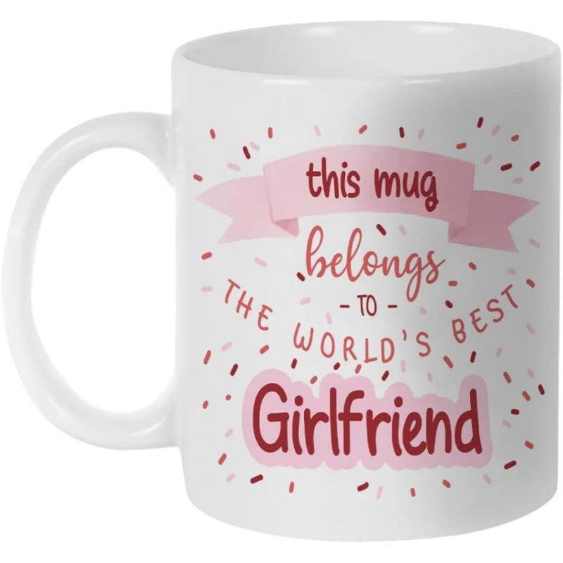 Tailorly White Ceramic 11 oz Mug - This Mug Belongs To The Worlds Best Girlfriend Delicate Pink Banner With Decorative Floating Confetti Sprinkles On Ceramic Mug