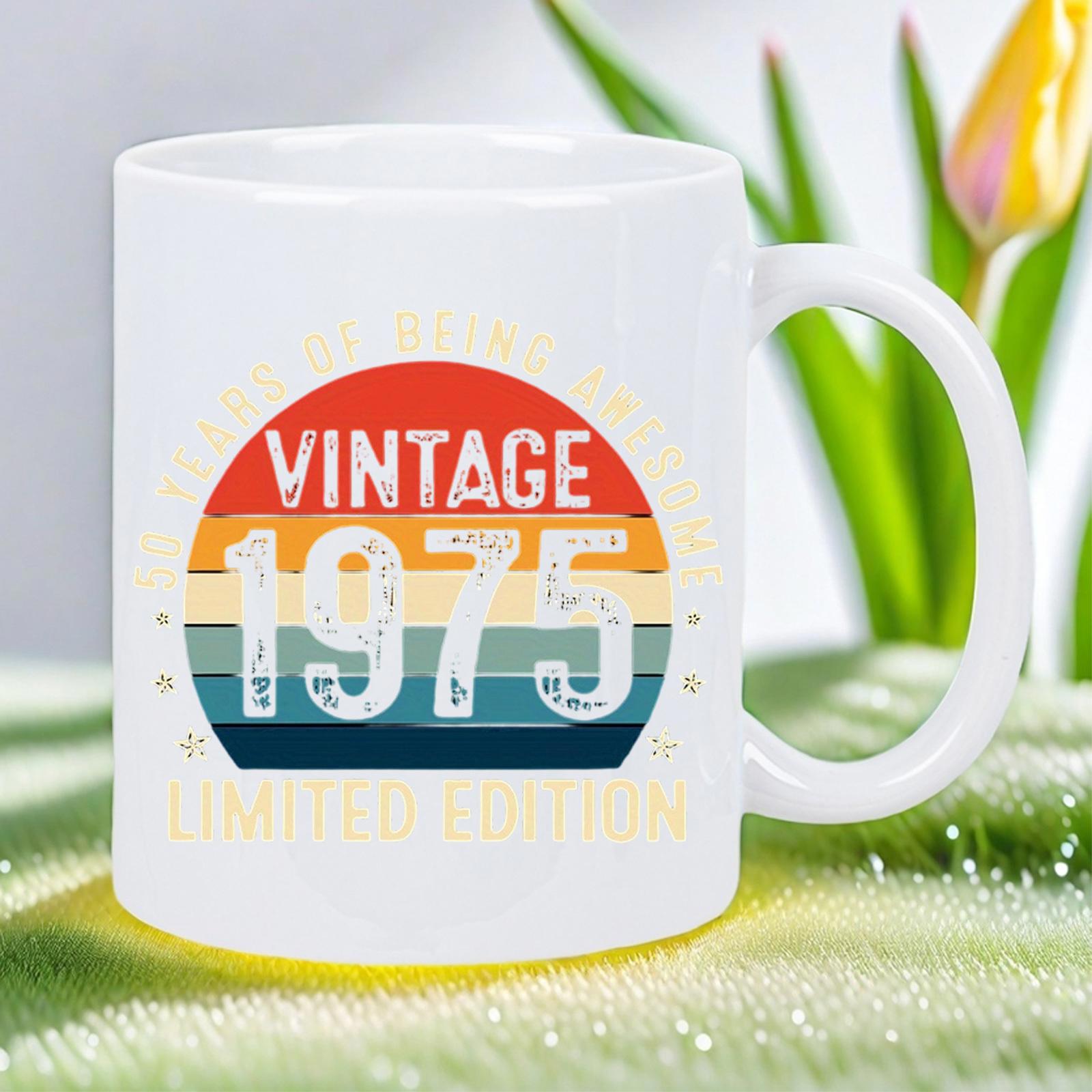 Tailorly White Ceramic 11 oz Mug - Vintage 1975 Limited Edition Distressed Multi Colored Horizontal Striped Retro Style Graphic Inside Circular Sunset