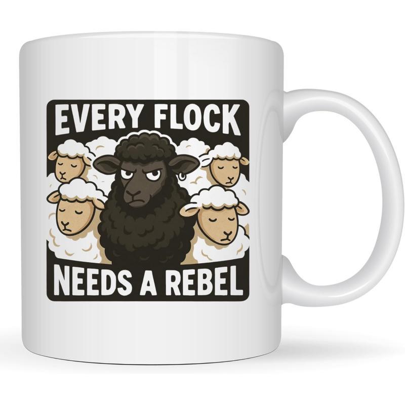 Tailorly White Ceramic 11 oz Mug - Every Flock Needs A Rebel Grumpy Black Sheep Standing Among A Group Of Peaceful White Wooly Sheep