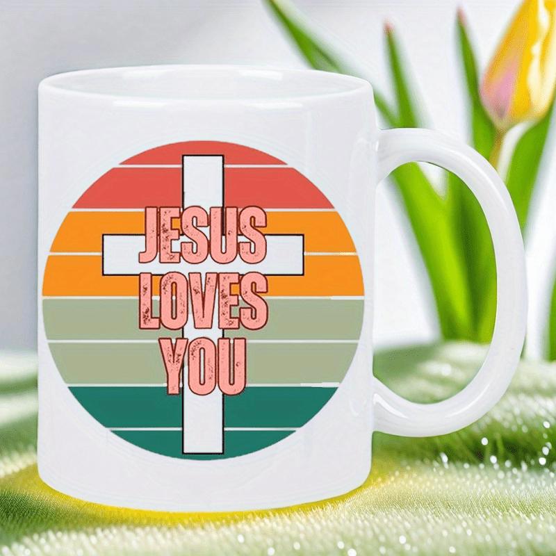 Tailorly White Ceramic 11 oz Mug - Jesus Loves You Retro Sunset Circle With Colorful Horizontal Stripes Behind A Cross
