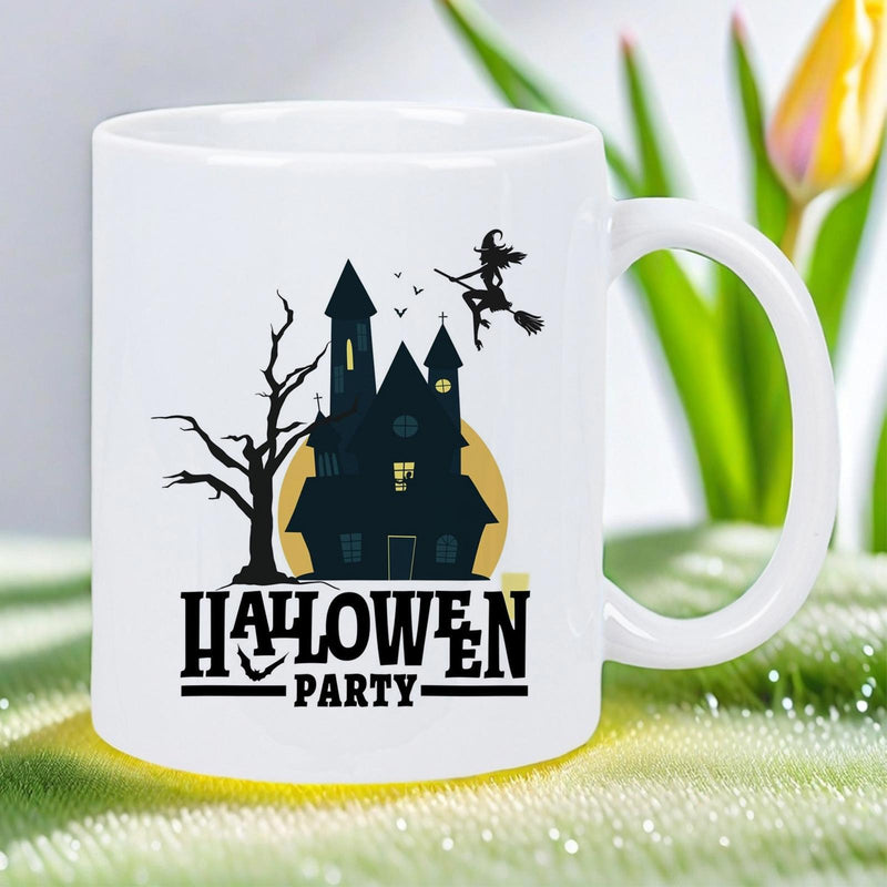 Tailorly White Ceramic 11 oz Mug - Halloween Party Spooky Haunted House With Witch Flying Under Glowing Full Moon House