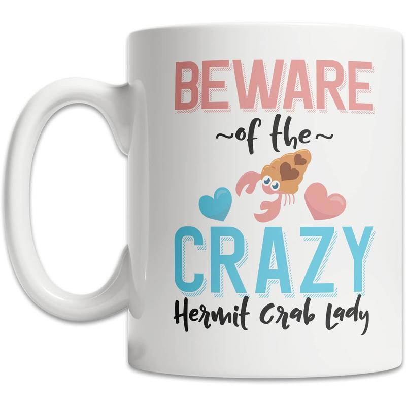 Tailorly White Ceramic 11 oz Mug - Beware Of The Crazy Hermit Crab Lady Small Cartoon Illustration Surrounded By Pink And Blue Hearts Hermit Crab