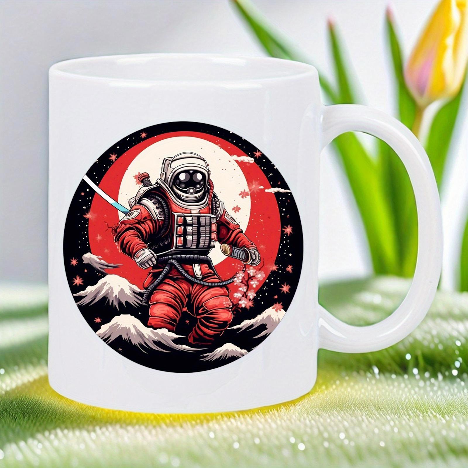 Tailorly White Ceramic 11 oz Mug - Samurai Astronaut Wearing Red Armor Standing Before Glowing Sun And Snowy Mountains Astronaut