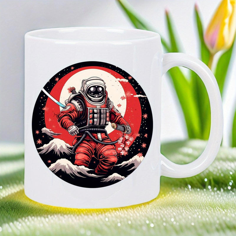 Tailorly White Ceramic 11 oz Mug - Samurai Astronaut Wearing Red Armor Standing Before Glowing Sun And Snowy Mountains Astronaut