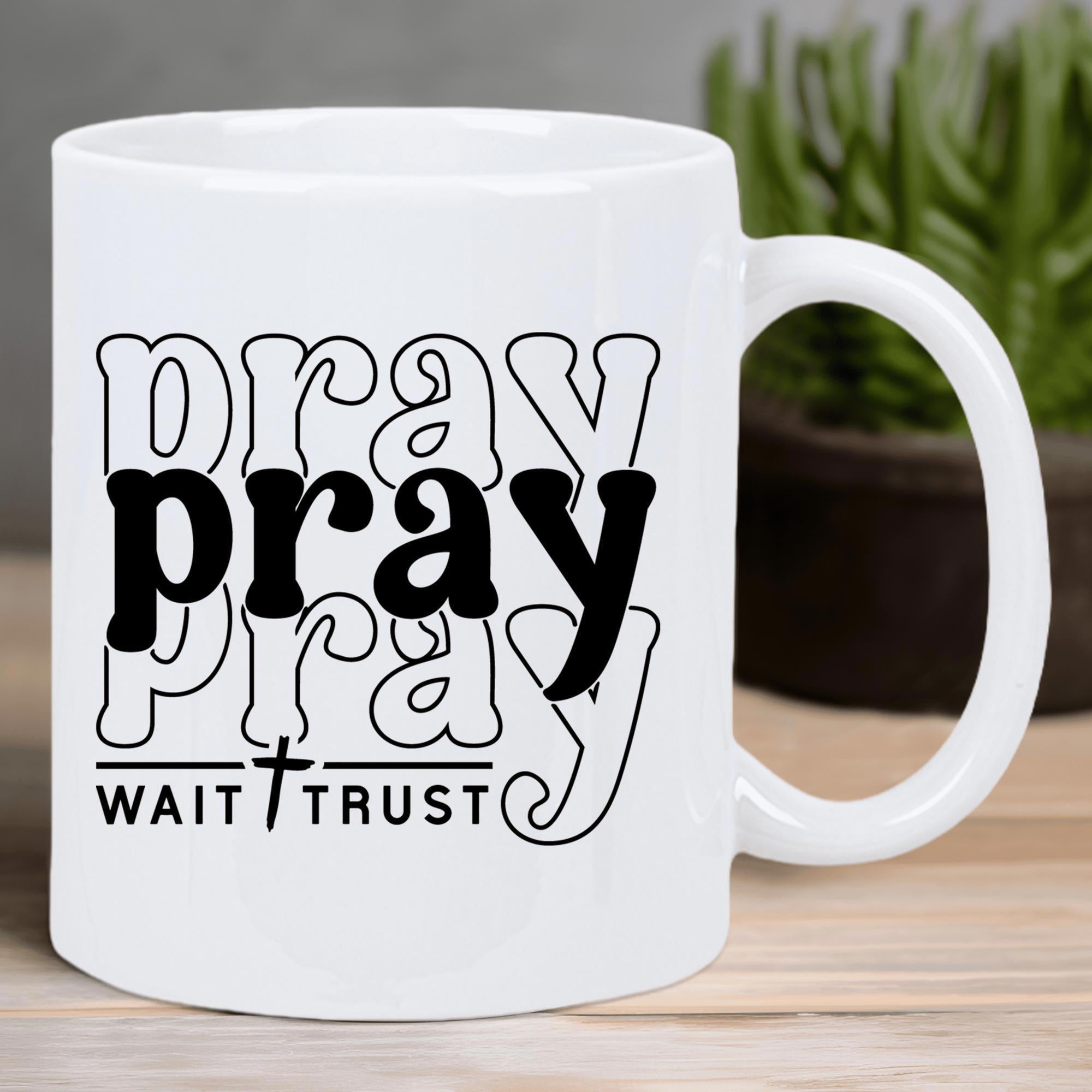 Tailorly White Ceramic 11 oz Mug - Pray Wait Trust Retro Groovy Style Lettering Featuring A Minimalist Christian Cross Symbol Mug