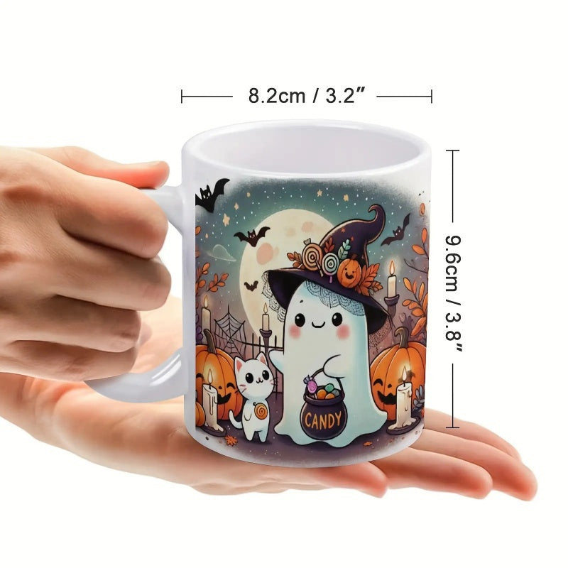 Tailorly White Ceramic 11 oz Mug - Candy Cute Animated Specter Wearing Witch Hat Among Pumpkins Under Radiant Moon Ghost