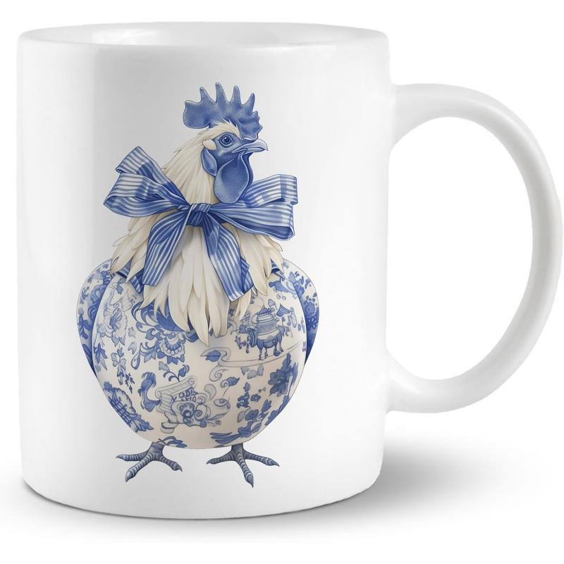 Tailorly White Ceramic 11 oz Mug - Charming Vintage Chinoiserie Style Floral Patterned Bird With Elegant Blue Bow Rooster