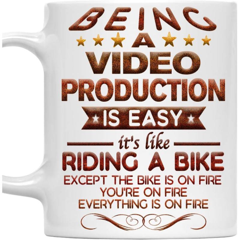 Tailorly White Ceramic 11 oz Mug - Being A Video Production Is Easy Vintage Brown Lettering With Golden Stars And Decorative Filigree Swirls Sign