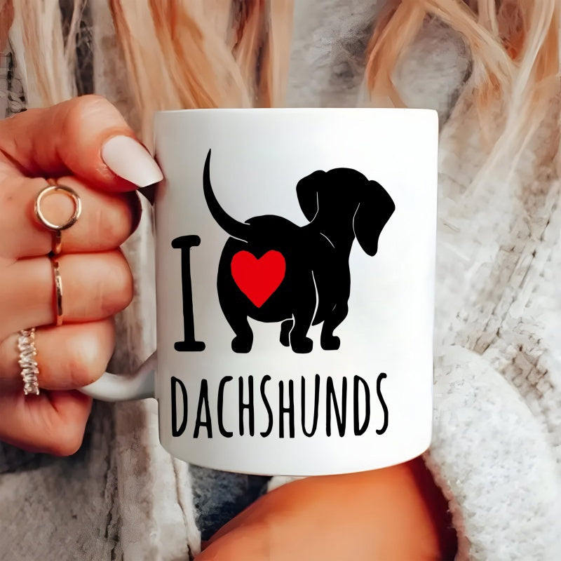 Tailorly White Ceramic 11 oz Mug - I Dachshunds Silhouette Of A Small Black Dog Featuring A Red Heart Shape Dachshund