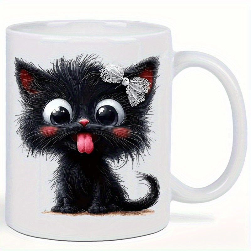 Tailorly White Ceramic 11 oz Mug - Adorable Fluffy Black Kitten Sticking Out Tongue Wearing A Silver Lace Bow Cat