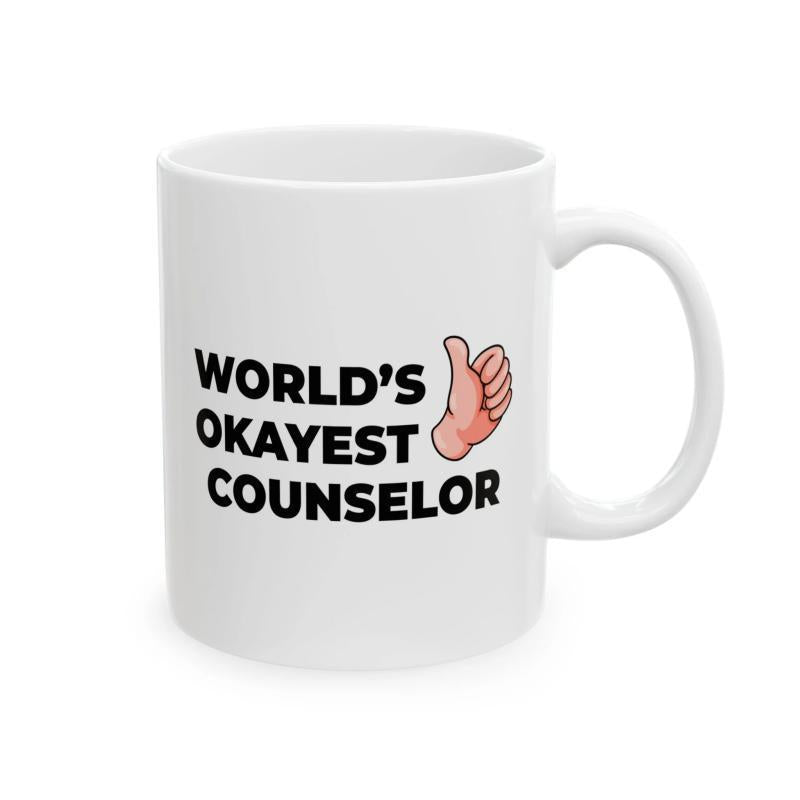 Tailorly White Ceramic 11 oz Mug - World's Okayest Counselor Friendly Bold Cartoon Style Giving Positive Thumbs Up Hand